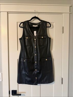 LOFT Black Faux Leather Button-Front Mini Dress